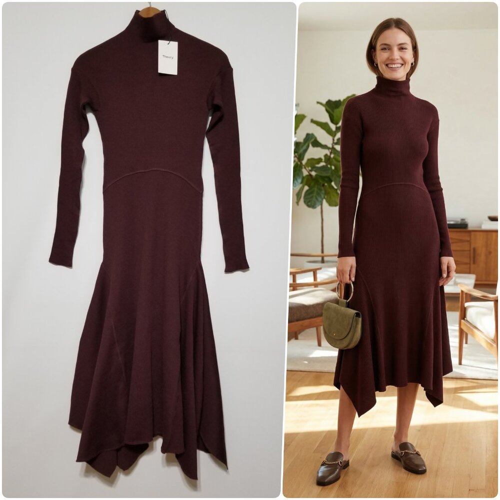 NWT Theory Ribbed Knit Panel Midi Dress Italian Virgin Wool Blend Dark Currant S